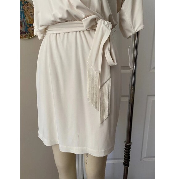 JESSICA SIMPSON ivory Y2K Mock Wrap V-Neck fringe Belted Mini Dress *X-SMALL* - Picture 4 of 6